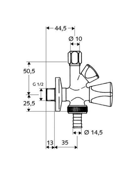 Sanland (Schell) kombinált sarokszelep 1/2" - 3/4" - 3/8" - 970160000 Sanland (Schell) kombinált sarokszelep 1/2" - 3/4" - 3/8" - 970160000