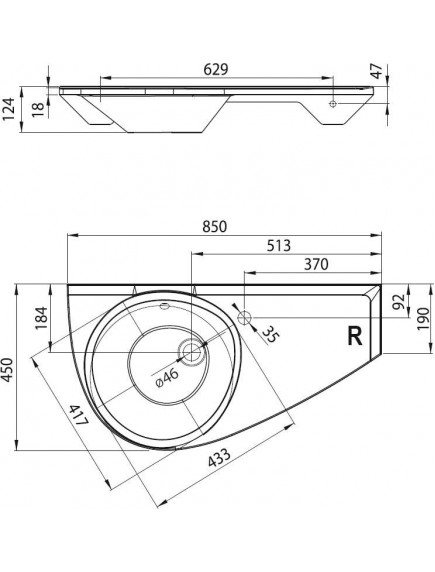 RAVAK Avocado mosdó, JOBBOS - 850x450 mm, fehér színű, furattal RAVAK Avocado mosdó, JOBBOS - 850x450 mm, fehér színű, furattal